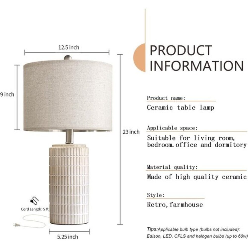 New Set of 2 Modern Ceramic 23Inch Table Lamp, White Desk & Bedside Lamps - Picture 7 of 9